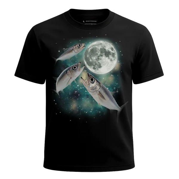 Three Anchovee Fish Moon cosmic t-shirt