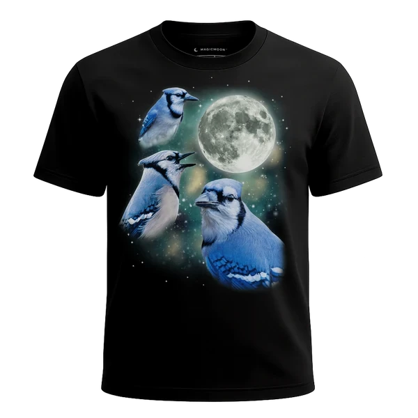 Three Blue Jay Moon cosmic t-shirt