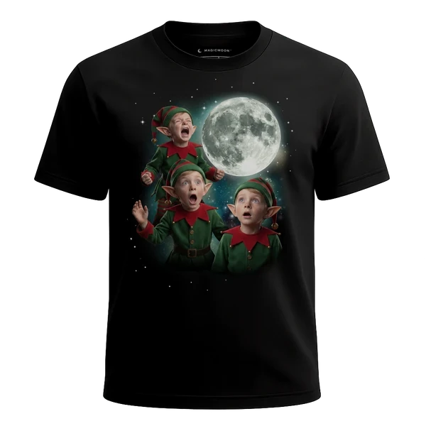 Three Christmas Elf Moon cosmic t-shirt
