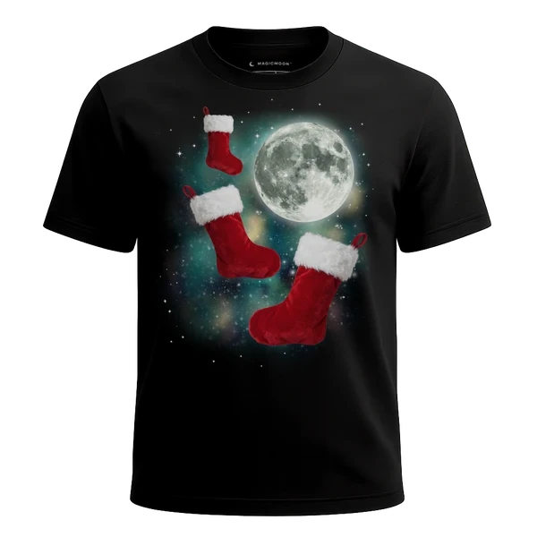 Three Christmas Stocking Moon cosmic t-shirt