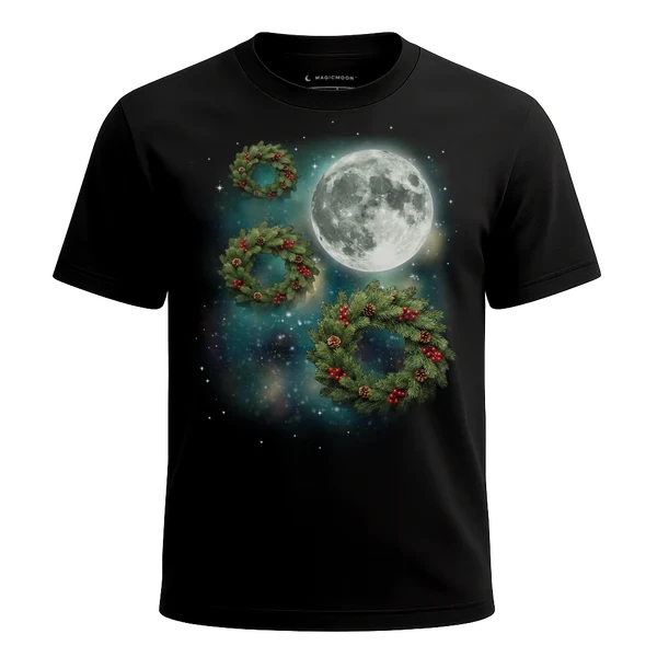 Three Christmas Wreath Moon cosmic t-shirt