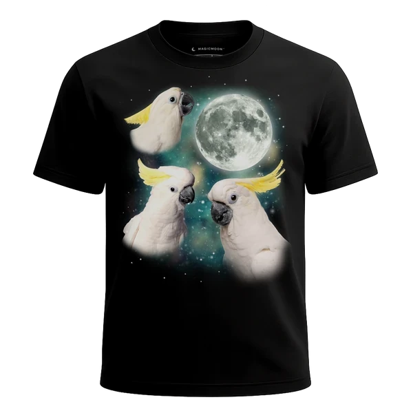 Three Cockatoo Moon cosmic t-shirt