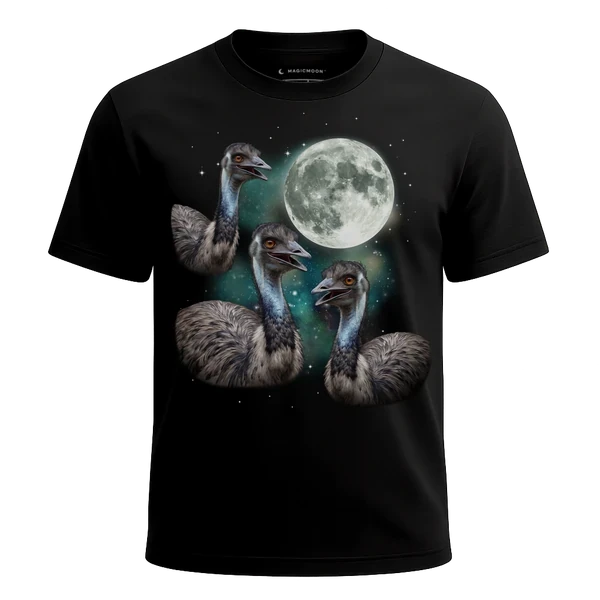 Three Emu Moon cosmic t-shirt