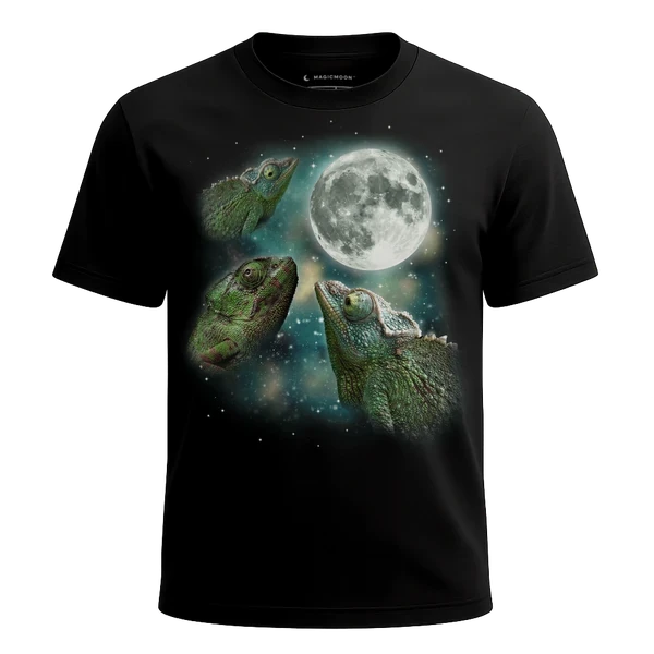 Three Green Chameleon Moon cosmic t-shirt