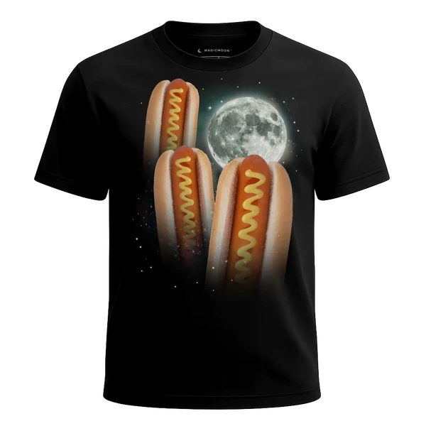 Three Hot Dog Moon cosmic t-shirt