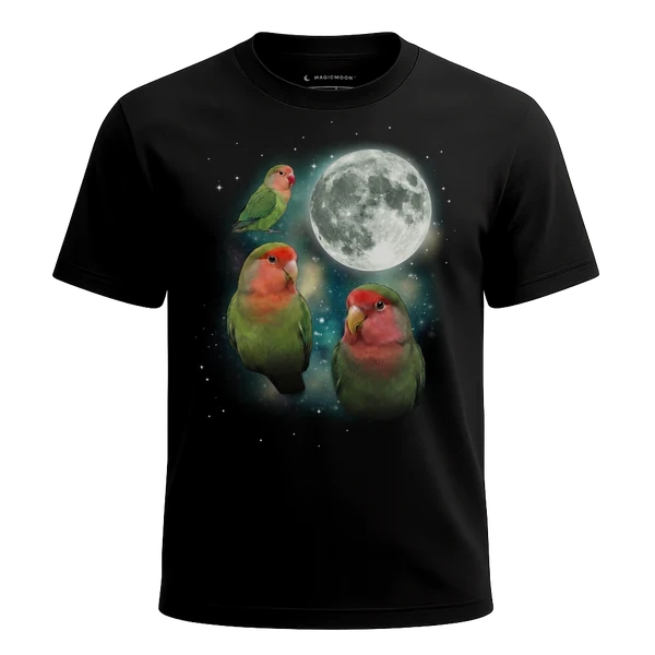 Three Lovebird Moon cosmic t-shirt