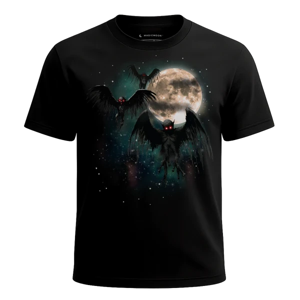 Three Mothman Moon cosmic t-shirt - MagicMoon moon-channeled design