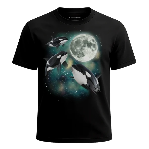 Three Orca Moon cosmic t-shirt - MagicMoon moon-channeled design