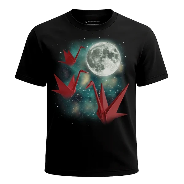 Three Origami Crane Moon cosmic t-shirt