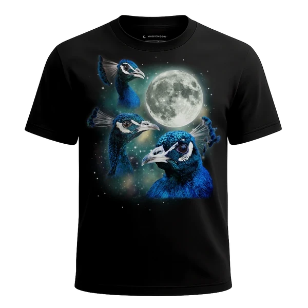 Three Peacock Moon cosmic t-shirt