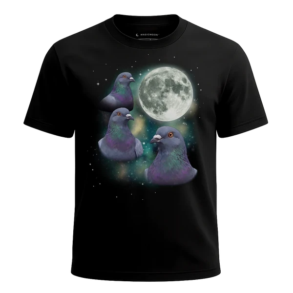 Three Pigeon Moon cosmic t-shirt