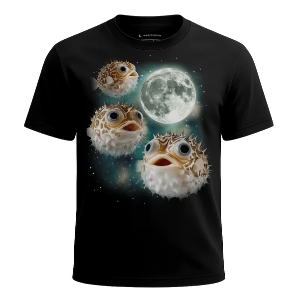 Three Pufferfish Moon cosmic t-shirt