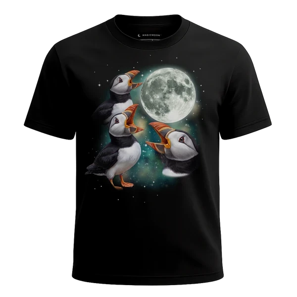 Three Puffin Moon cosmic t-shirt