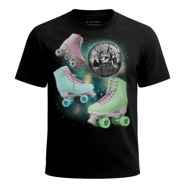 Three Roller Skate Moon cosmic t-shirt