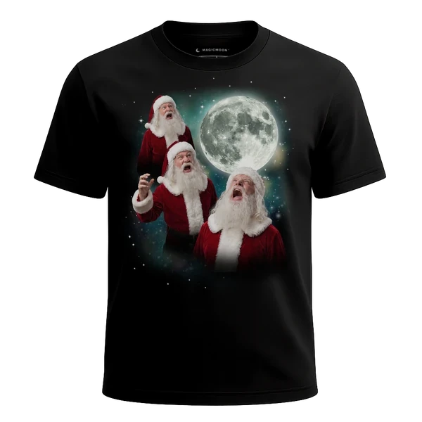 Three Santa Claus Moon cosmic t-shirt