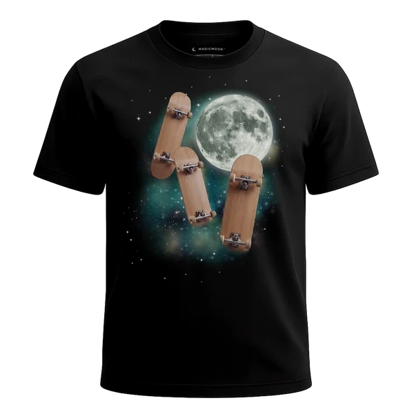 Three Skateboard Moon cosmic t-shirt