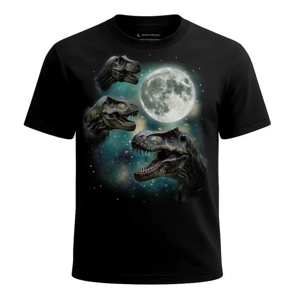 Three T Rex Moon cosmic t-shirt
