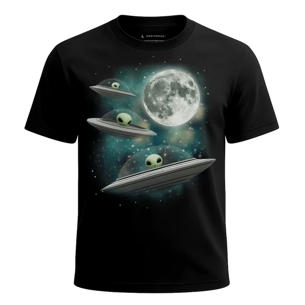 Three UFO Moon cosmic t-shirt
