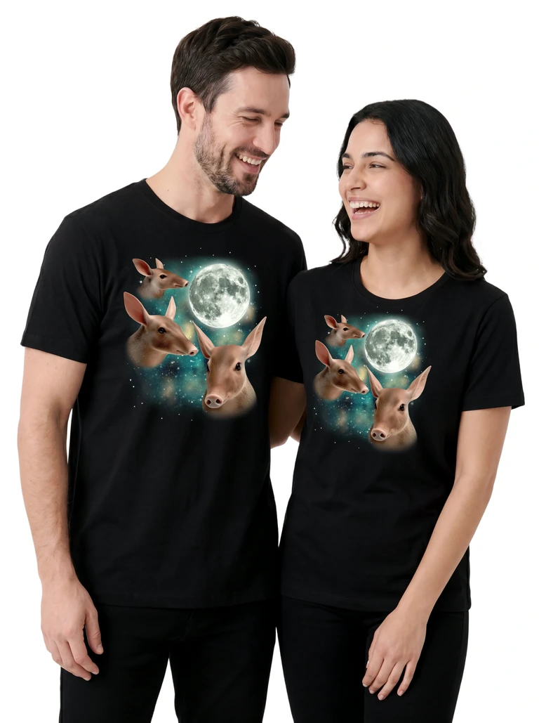 Couple wearing the Three Aardvark Moon cosmic t-shirt - MagicMoon moon-channeled design