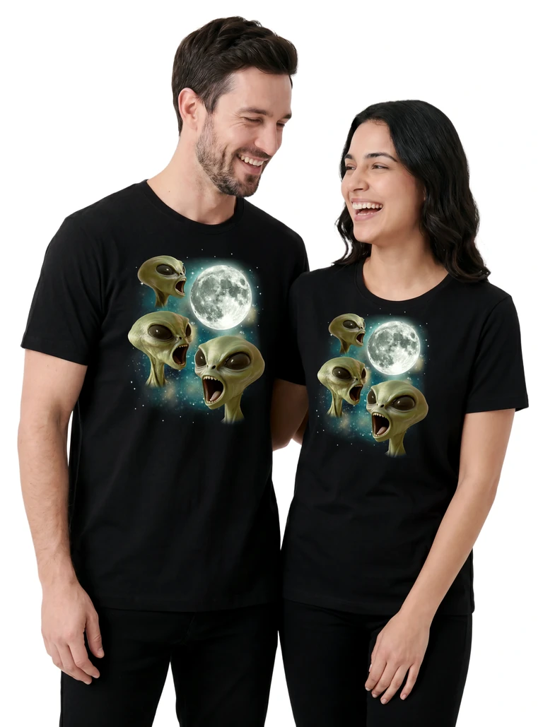 Couple wearing the Three Alien Moon cosmic t-shirt - MagicMoon moon-channeled design