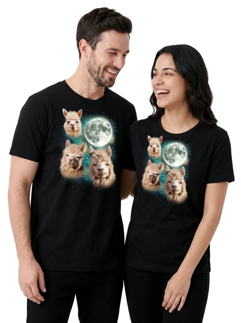 Couple wearing the Three Alpaca Moon cosmic t-shirt - MagicMoon moon-channeled design