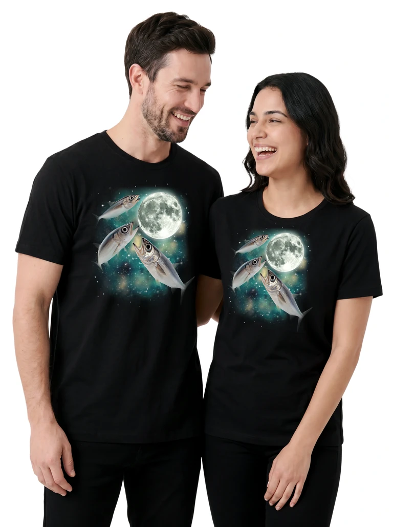 Couple wearing the Three Anchovee Fish Moon cosmic t-shirt - MagicMoon moon-channeled design