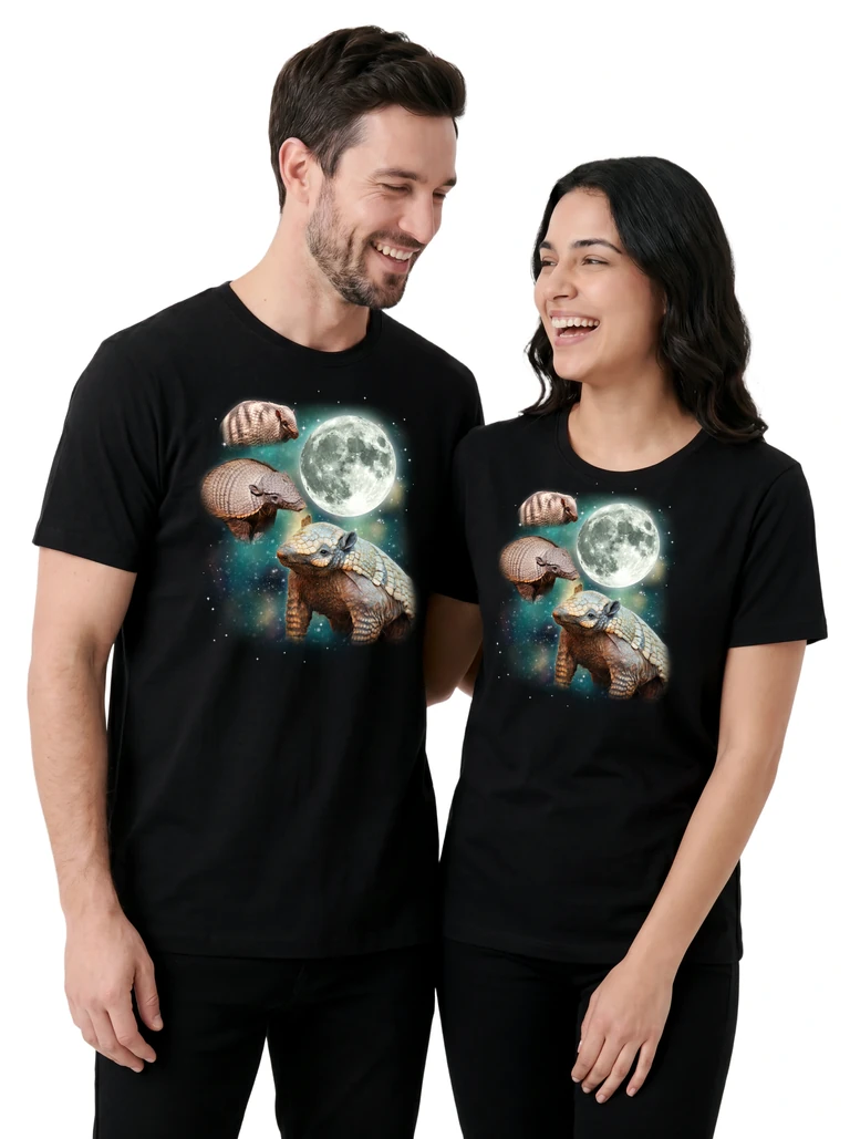 Couple wearing the Three Armadillo Moon cosmic t-shirt - MagicMoon moon-channeled design