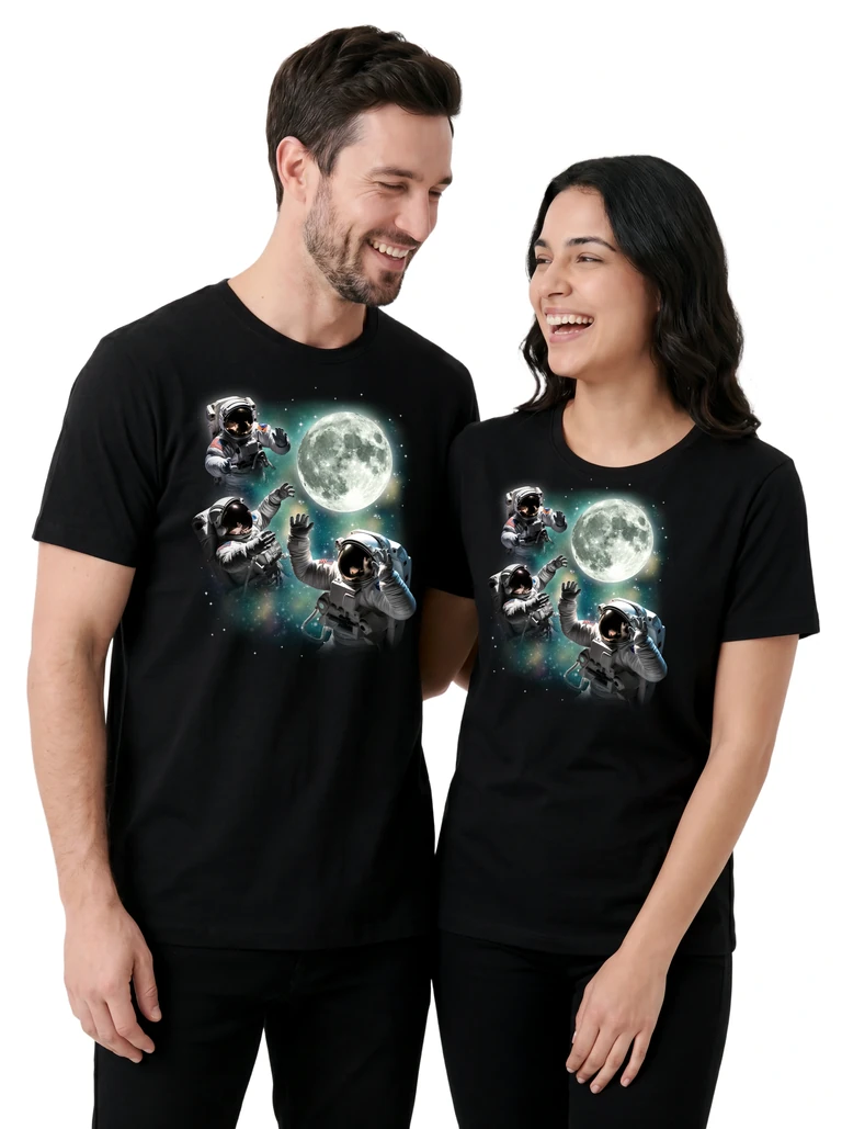 Couple wearing the Three Astronaut Moon cosmic t-shirt - MagicMoon moon-channeled design