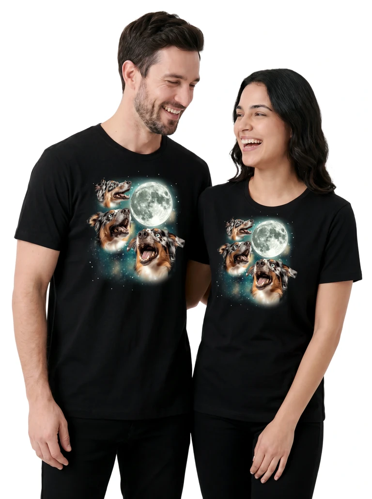 Couple wearing the Three Australian Shepherd Blue Merle Moon cosmic t-shirt - MagicMoon moon-channeled design