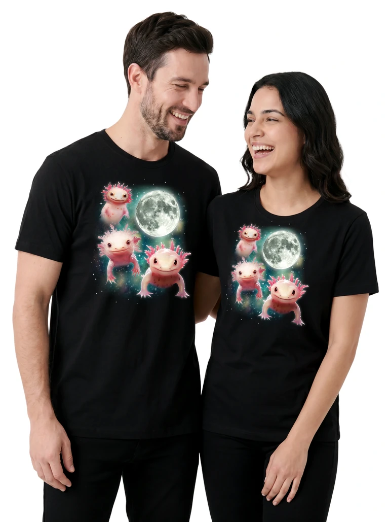 Couple wearing the Three Axolotl Moon cosmic t-shirt - MagicMoon moon-channeled design