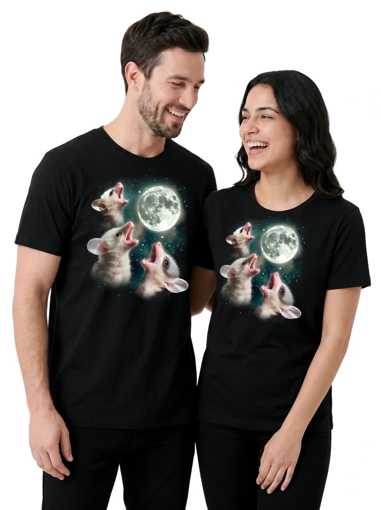 Couple wearing the Three Baby Possum Moon cosmic t-shirt - MagicMoon moon-channeled design