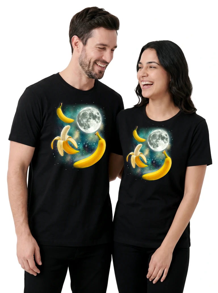 Couple wearing the Three Banana Moon cosmic t-shirt - MagicMoon moon-channeled design