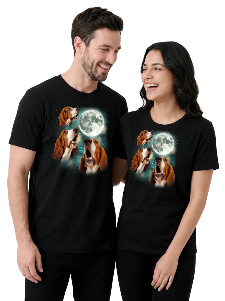 Couple wearing the Three Basset Hound 2 Moon cosmic t-shirt - MagicMoon moon-channeled design