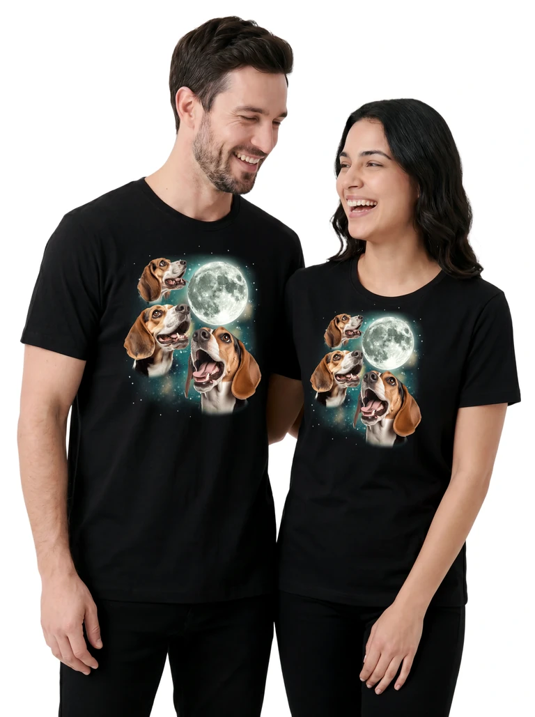 Couple wearing the Three Beagle Moon cosmic t-shirt - MagicMoon moon-channeled design