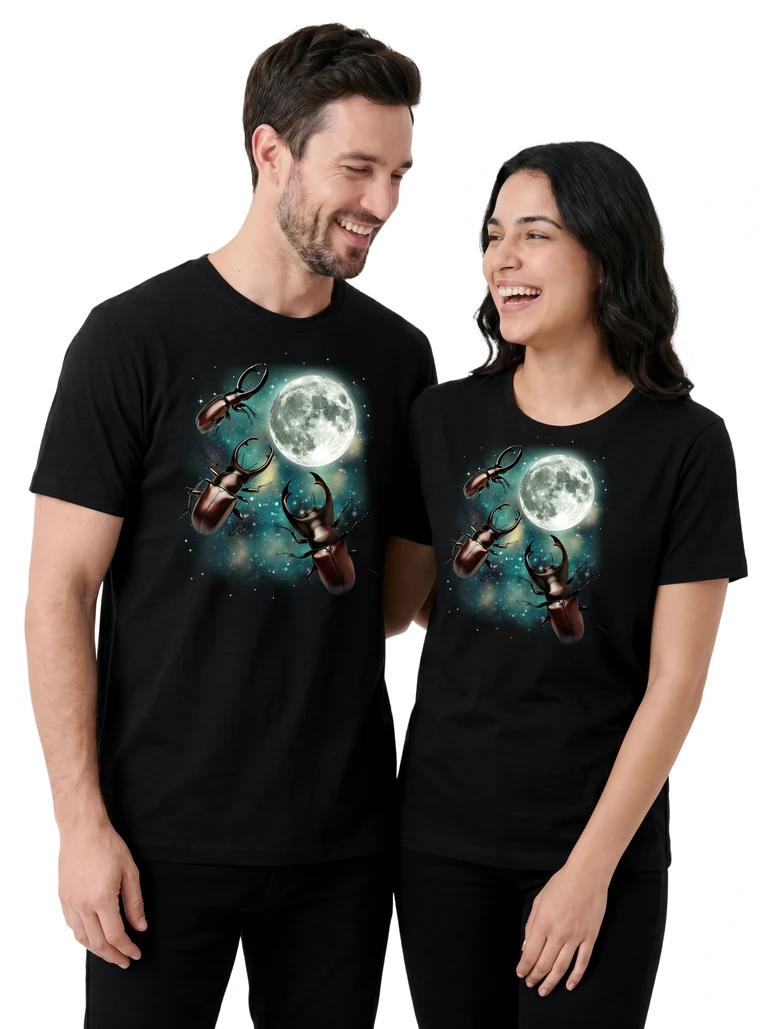 Couple wearing the Three Beetle Moon cosmic t-shirt - MagicMoon moon-channeled design