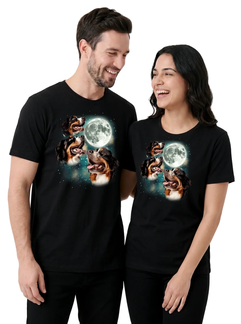 Couple wearing the Three Bernese Mountain Dog Moon cosmic t-shirt - MagicMoon moon-channeled design