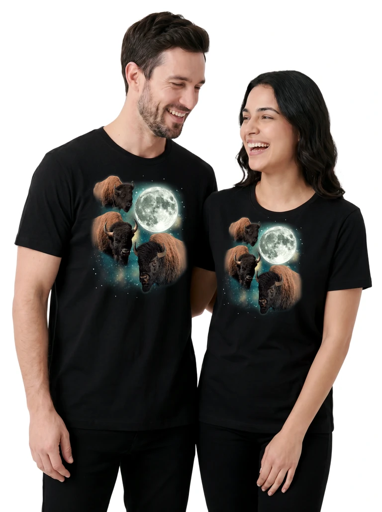 Couple wearing the Three Bison Moon cosmic t-shirt - MagicMoon moon-channeled design