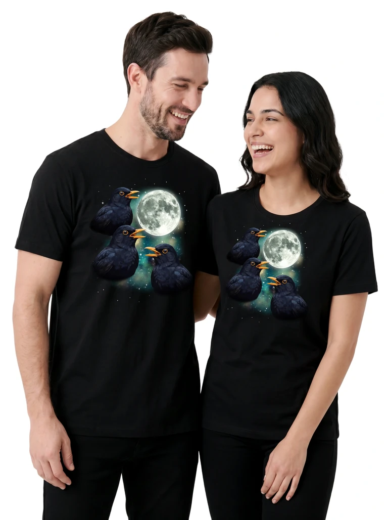 Couple wearing the Three Blackbird Moon cosmic t-shirt - MagicMoon moon-channeled design
