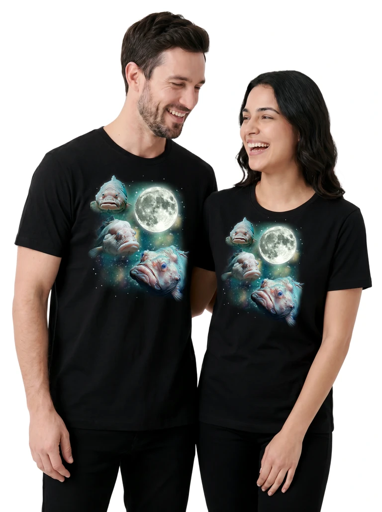 Couple wearing the Three Blobfish Moon cosmic t-shirt - MagicMoon moon-channeled design