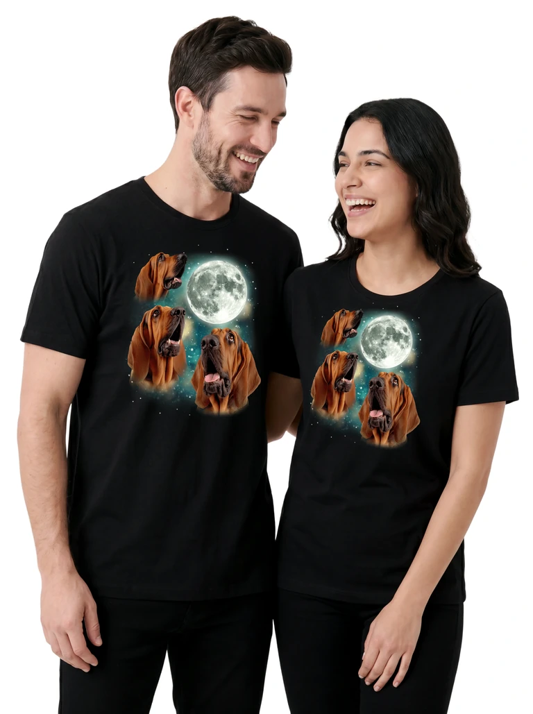 Couple wearing the Three Bloodhound Moon cosmic t-shirt - MagicMoon moon-channeled design