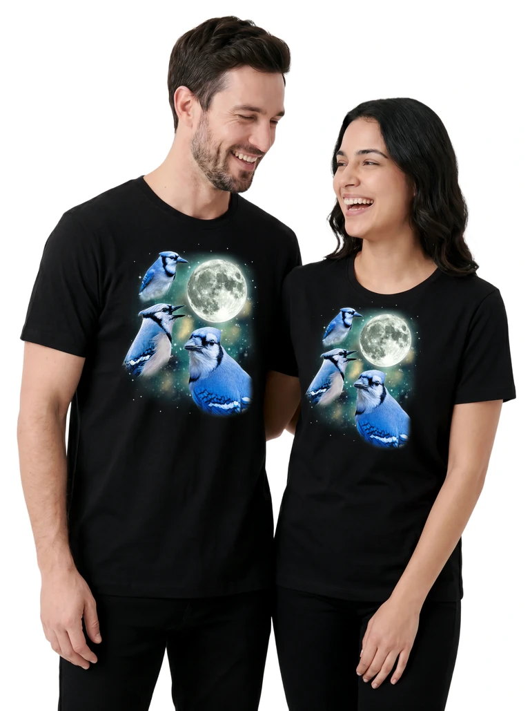 Couple wearing the Three Blue Jay Moon cosmic t-shirt - MagicMoon moon-channeled design