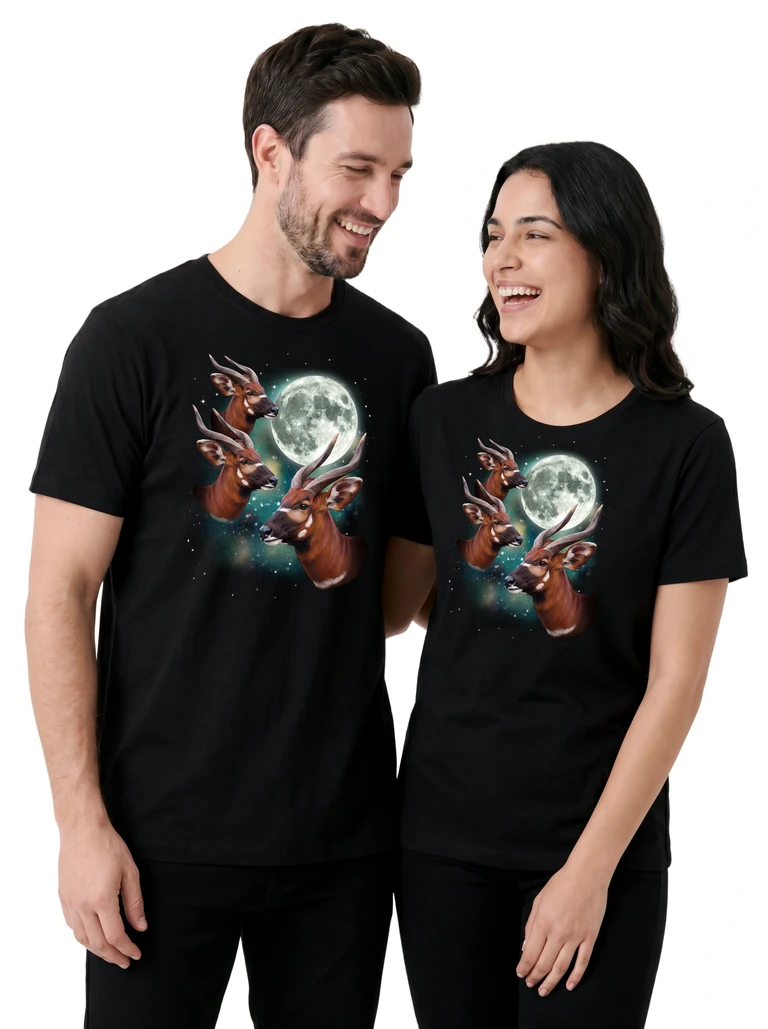 Couple wearing the Three Bongo Moon cosmic t-shirt - MagicMoon moon-channeled design