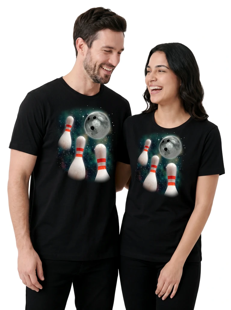 Couple wearing the Three Bowling Pin Moon cosmic t-shirt - MagicMoon moon-channeled design