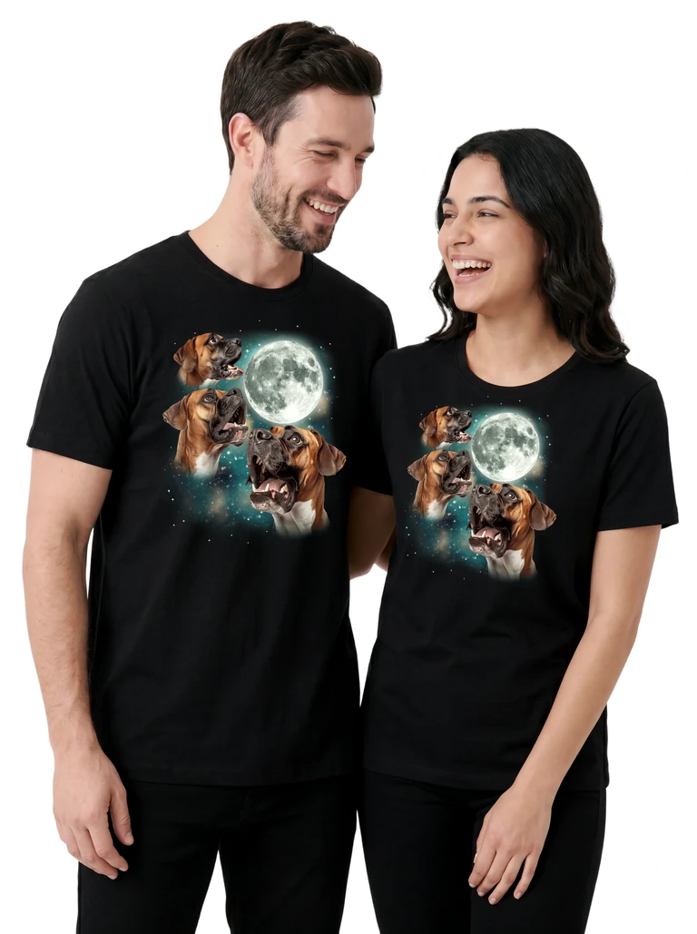 Couple wearing the Three Boxer Moon cosmic t-shirt - MagicMoon moon-channeled design