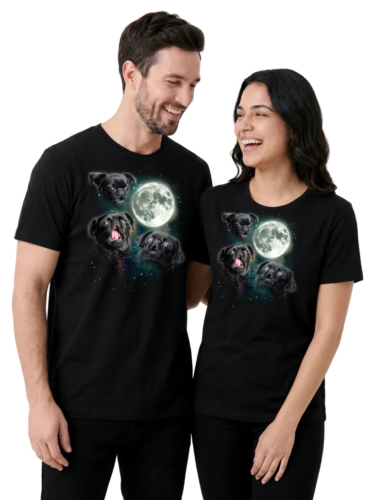 Couple wearing the Three Brabancon Moon cosmic t-shirt - MagicMoon moon-channeled design