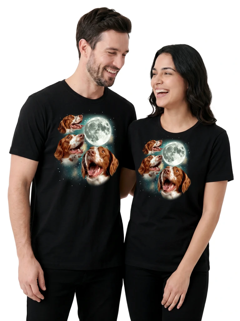 Couple wearing the Three Brittany Spaniel Moon cosmic t-shirt - MagicMoon moon-channeled design