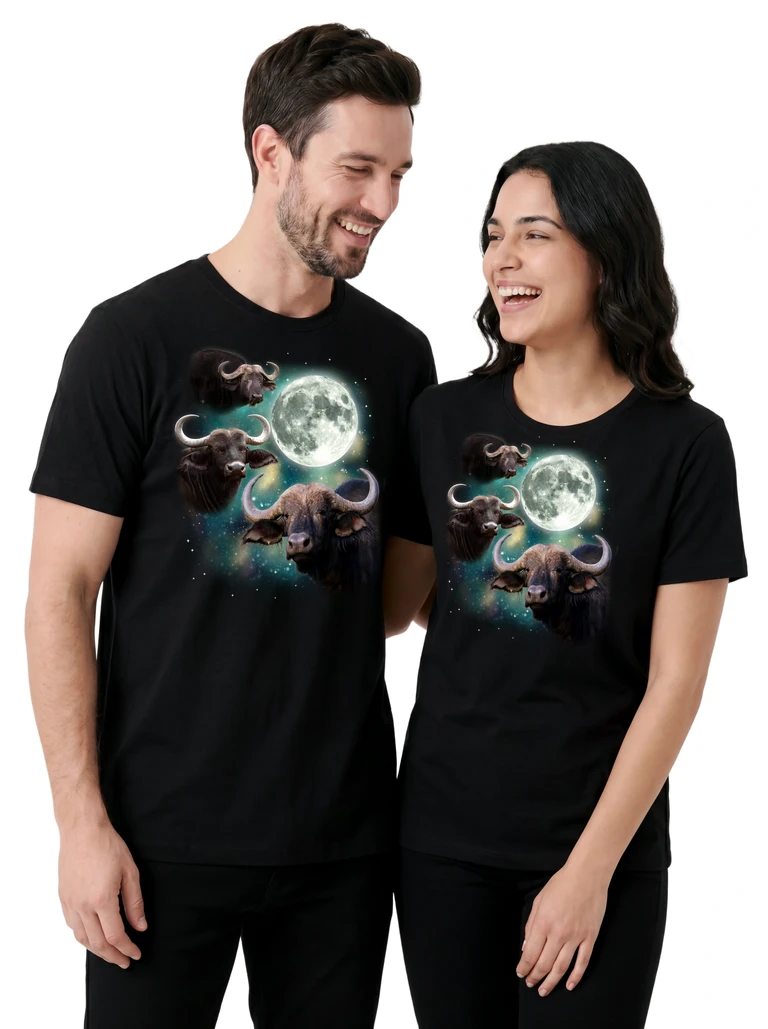 Couple wearing the Three Buffalo Moon cosmic t-shirt - MagicMoon moon-channeled design