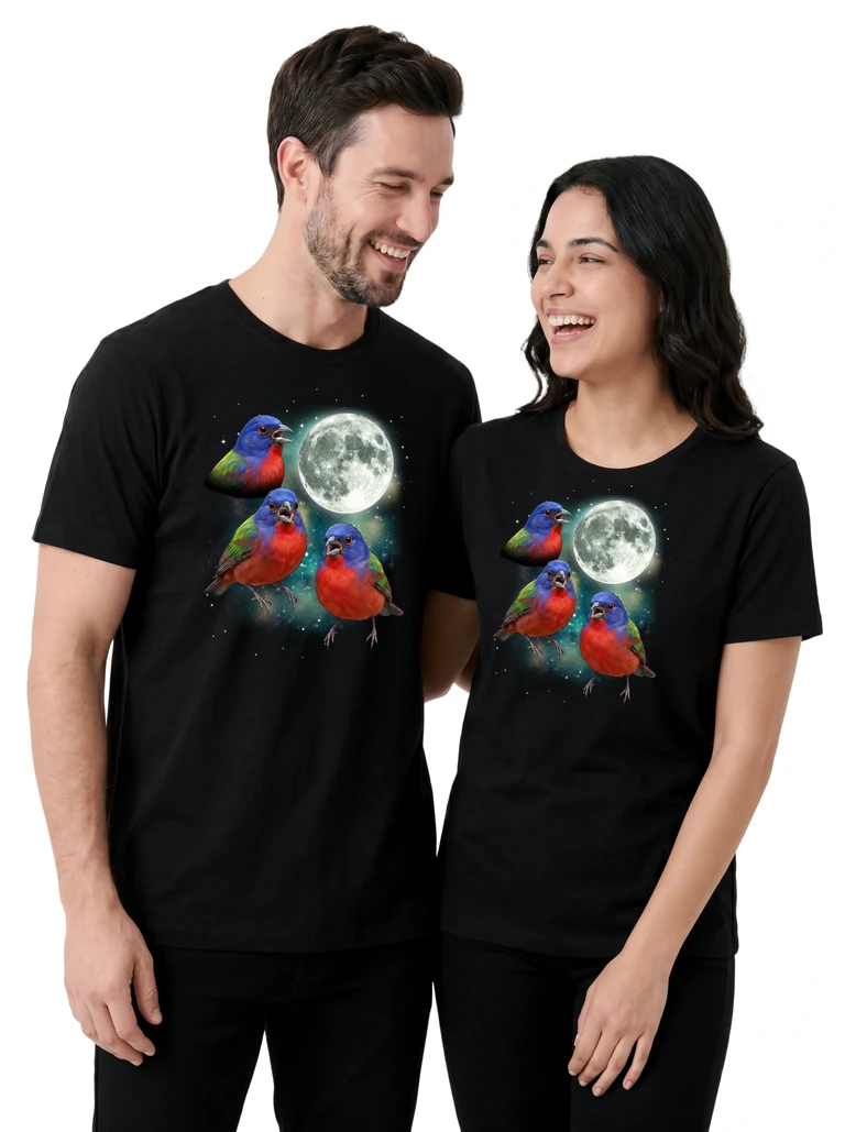 Couple wearing the Three Bunting Moon cosmic t-shirt - MagicMoon moon-channeled design