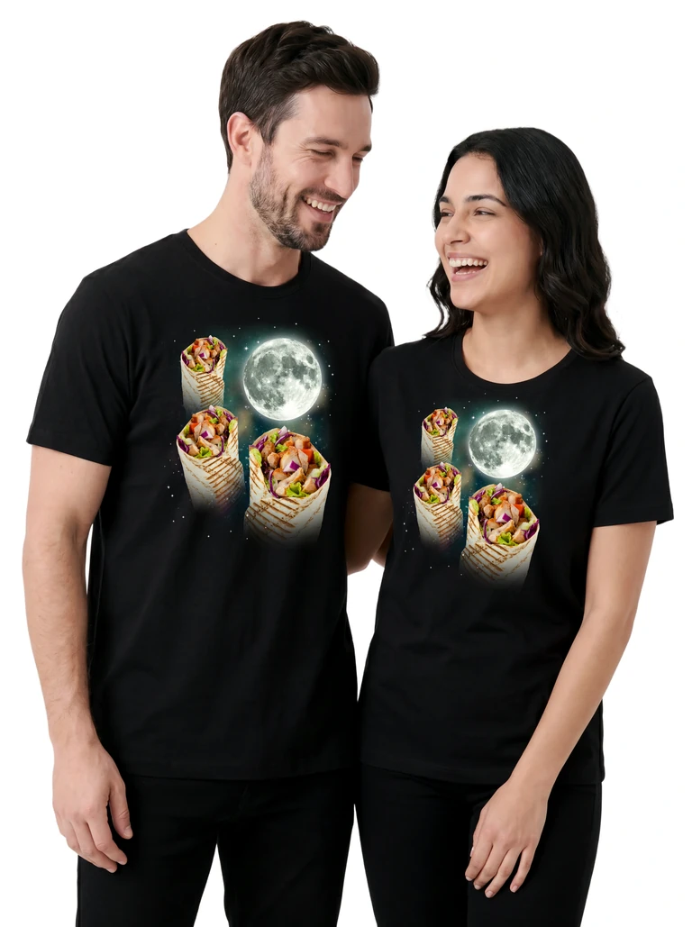 Couple wearing the Three Burrito Moon cosmic t-shirt - MagicMoon moon-channeled design