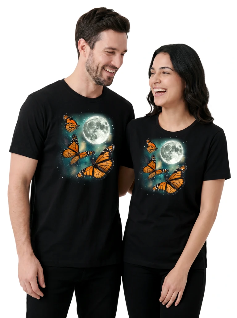 Couple wearing the Three Butterfly Moon cosmic t-shirt - MagicMoon moon-channeled design